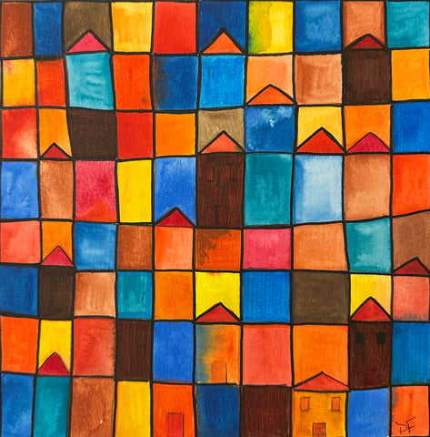 Red Roofs, alcohol ink on paper painting by Cerulean Arts Collective Member Dora Ficher