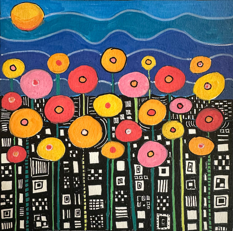 Spring Poppies, acrylic markers on paper painting by Cerulean Arts Collective Member Dora Ficher