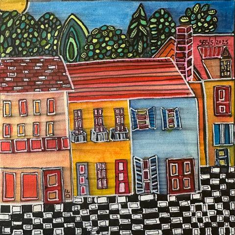 Trip to Paris, acrylic and watercolor on paper painting by Cerulean Arts Collective Member Dora Ficher