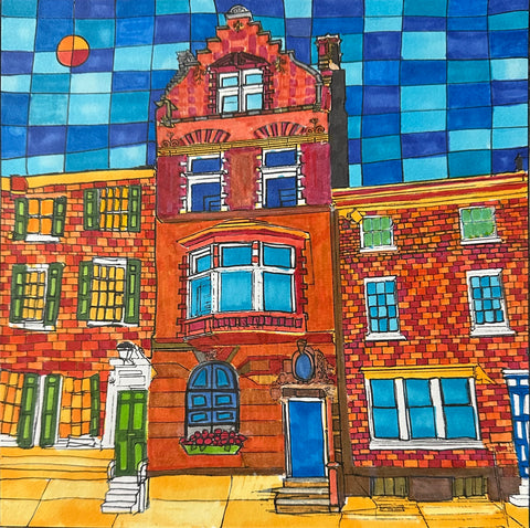 Walking in Paris, pen and ink on paper painting by Cerulean Arts Collective Member Dora Ficher