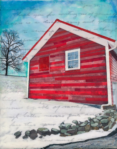Baird Garage, encaustics, antique papers, oil and pastels on cradled wood panel by Tracy Finn