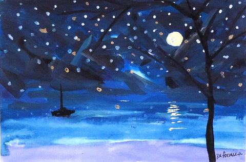 On the Water's Edge, gouache & ink on paper painting by Cerulean Arts Collective Member Ruth Formica