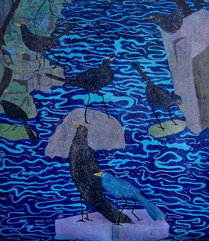 Bird Bath, mixed media on rag paper by Cerulean Arts Collective Member Caroline Furr.