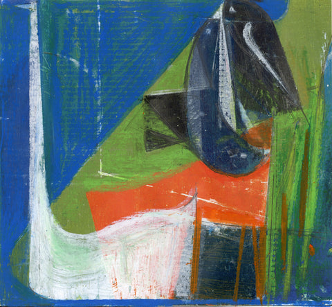 White Swan with Black Birds at the Edge of the World, acrylic on matboard on panel painting by Philadelphia artist Michael Gallagher. Included in the exhibition Fine Feathered Friends at Cerulean Arts March 26 - April 20, 2025.