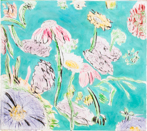 In the Garden, Blue, multiple drop monotype with gouache by Cerulean Arts Collective Member Fran Gallun.