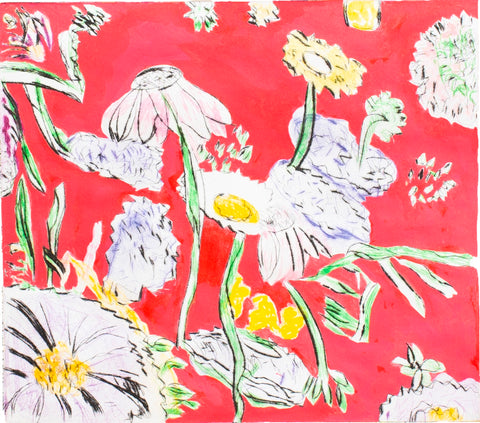 In the Garden, Red, multiple drop monotype with gouache by Cerulean Arts Collective Member Fran Gallun.