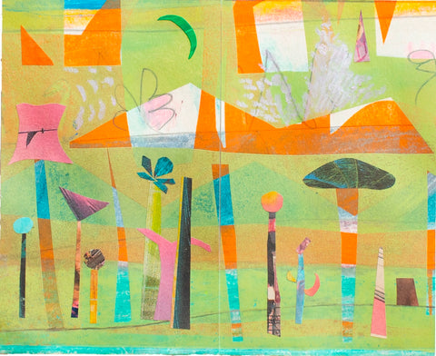 Moonlit Garden, collage and monotype by Cerulean Arts Collective Member Fran Gallun.