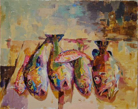 Six Fish, oil on canvas painting by Cerulean Arts Collective member Bruce Garrity