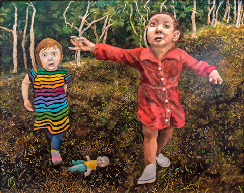 First Cousins at Play, oil on board painting by Pennsylvania artist Gary Grissom.