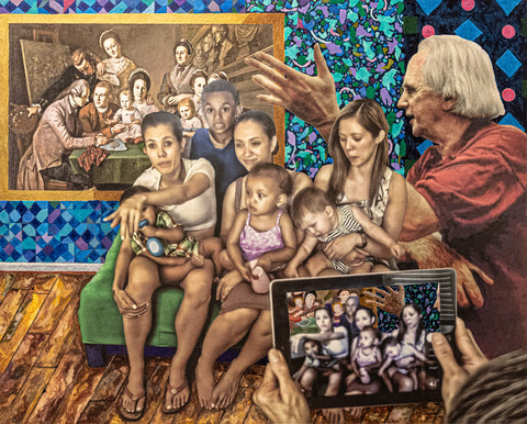 Two American Families: Peale's 1770s & Grissom's 2015, watercolor, gouache, ink, graphite & photo on paper painting by Pennsylvania artist Gary Grissom.