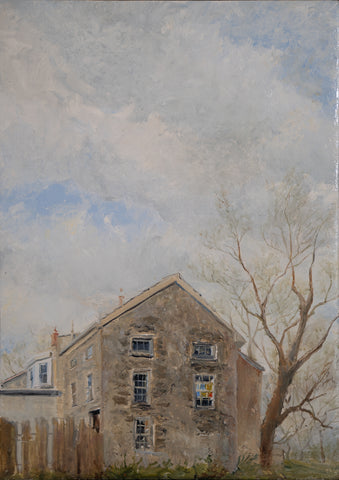 Rental House on Ridge, Winter Afternoon, oil on sized MDF panel painting by artist Nicholas James Harris. Included in the exhibition, REUNION (Once Upon a Time in Philadelphia), at Cerulean Arts February 26 - March 24, 2025.