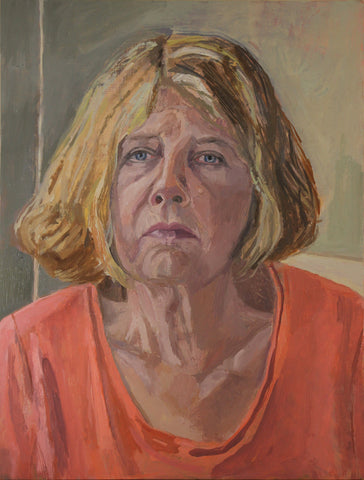 Self-Portrait in Orange T-Shirt, oil on panel painting by Elizabeth Heller