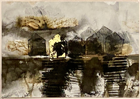 Place with Gold House, ink & 22K gold leaf on paper mixed media painting by Cerulean Arts Collective Member Monica Kane