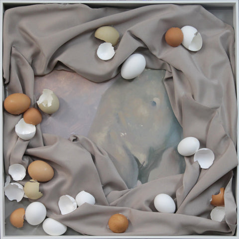 Cooked or Cracked: A Choice, oil on paper with egg shells mixed media artwork by Collective Member Frederic C. Kaplan