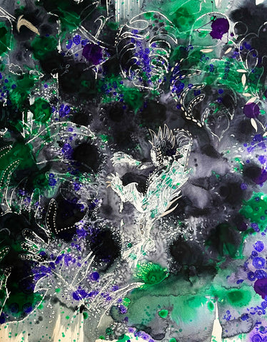 And the wild things ... gnashed their terrible teeth ..., China marker, watercolor, and glue on paper painting by Cerulean Arts Collective member Navanjali Kelsey