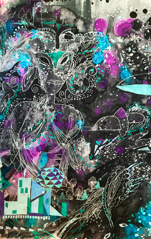 Defeat magical enemies, find hidden items, discover illusory walls, China marker, watercolor, and acrylic on paper painting by Cerulean Arts Collective member Navanjali Kelsey