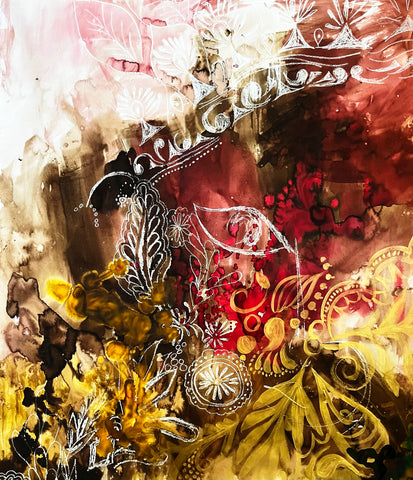 Eyes that burned above him in the sky, whirling like constellations, China marker, watercolor and acrylic on paper painting by Cerulean Arts Collective member Navanjali Kelsey