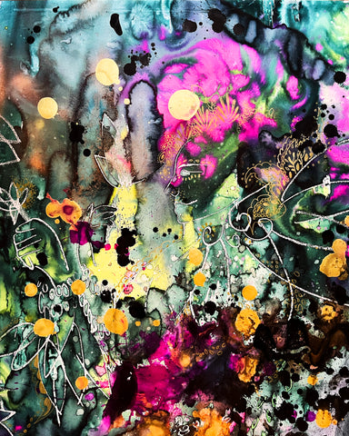 I would come to know the many moods, blue by day, apricot by sunset, bruised by the advent of night or storms, China marker, watercolor, and acrylic on paper painting by Cerulean Arts Collective member Navanjali Kelsey