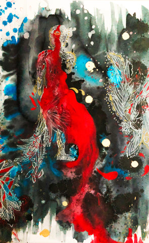 It was as if lava had flown down the right side of her visage destroying everything in its path, China marker, watercolor and gouache on paper painting by Cerulean Arts Collective member Navanjali Kelsey