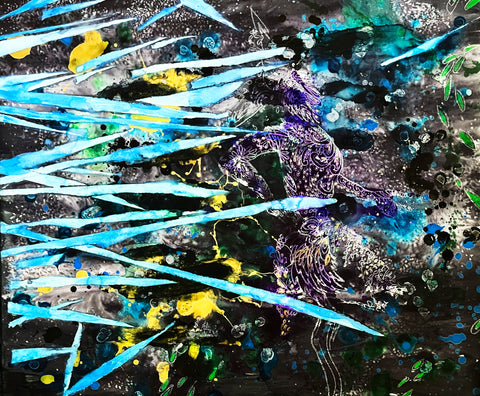 On full moon nights she was a free spirit of primeval ocean exploding with life the mightiest one there ever was, China marker, watercolor and gouache on paper painting by Cerulean Arts Collective member Navanjali Kelsey