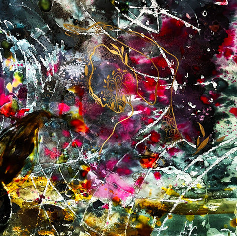 On my first morning I had the impression of no walls no windows no doors just the suspension of my body in the sky, China marker, watercolor, and glue on paper painting by Cerulean Arts Collective member Navanjali Kelsey