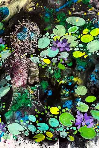 Several times we stepped into pools that were disguised as stretches of marble flooring that ruined our elaborate court attire, China marker, watercolor, gouache and acrylic on paper painting by Cerulean Arts Collective member Navanjali Kelsey