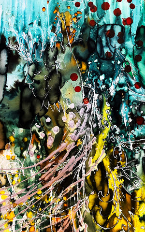 We rise; the shapes cluster around us in welcome, dissolving and forming again, China marker, watercolor, and acrylic on paper painting by Cerulean Arts Collective member Navanjali Kelsey