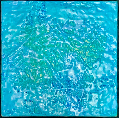 Fluid II, encaustic and oil stick on birch panel painting by Cerulean Arts Collective Member Sandra Koberlein.