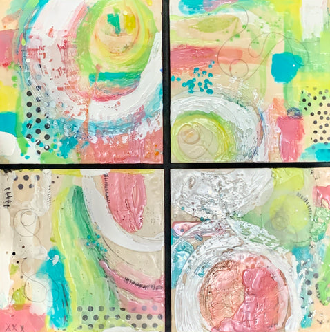 FunShine I, II, III &amp; IV, encaustic collage, horse hair and oil stick on birch panel painting by Cerulean Arts Collective Member Sandra Koberlein.