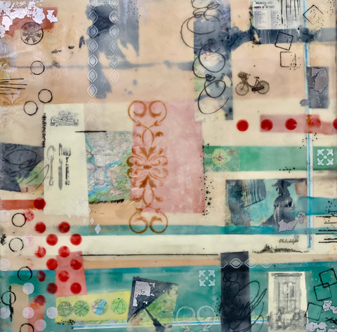 Philadelphia Story, encaustic, mixed media and oil stick on birch panel painting by Cerulean Arts Collective Member Sandra Koberlein.