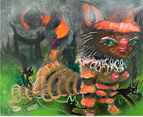 Witchy Cat, acrylic on canvas board painting by Philadelphia artist Lindsay Kovnat, available at Cerulean Arts.