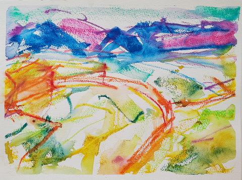 The Long View, watercolor and artist crayons on paper abstract painting by Cerulean Arts Collective Member Alan Lankin