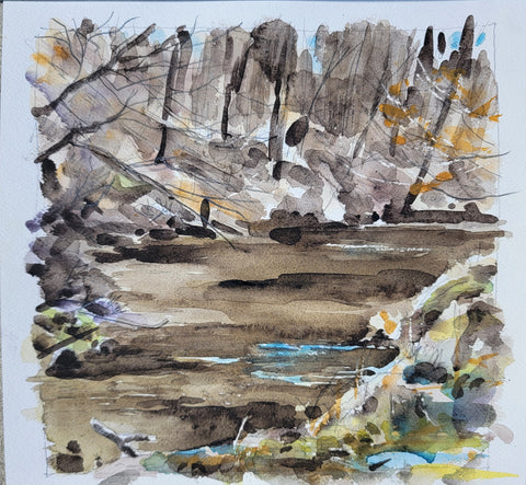 Crum Creek March, watercolor on Arches 140lb cold press paper painting by Cerulean Arts Collective Member Keith Leitner
