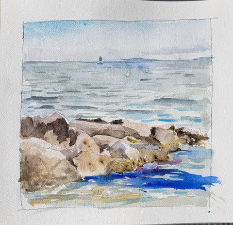 Menemsha Riprap, watercolor on Arches 140lb cold press paper painting by Cerulean Arts Collective Member Keith Leitner