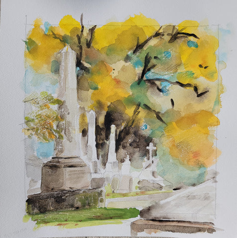 October Memorials, watercolor on Arches 140lb cold press paper painting by Cerulean Arts Collective Member Keith Leitner