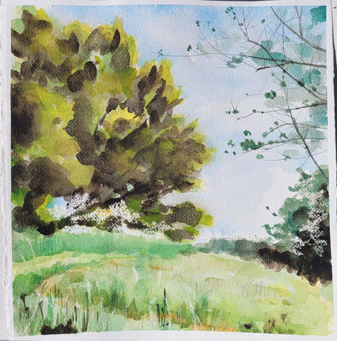 Stroud Hillside, watercolor on Arches 140lb cold press paper painting by Cerulean Arts Collective Member Keith Leitner