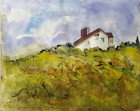 House on Coast, watercolor on paper painting by Cerulean Arts Collective Member Susan Leshnoff