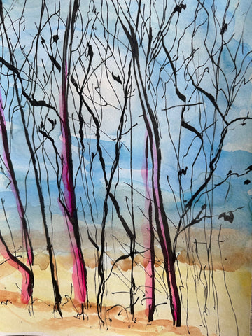 Trees Tell the Secret, watercolor on paper painting by Cerulean Arts Collective Member Susan Leshnoff