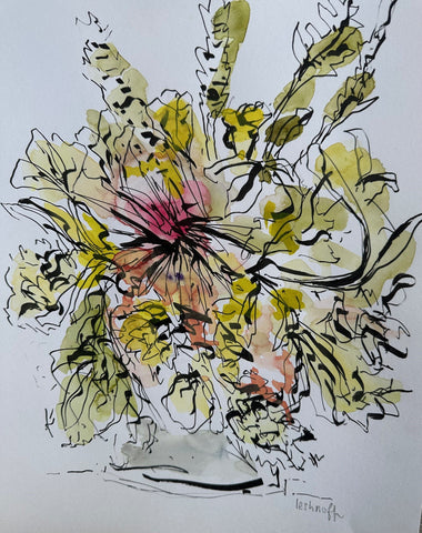 Vase with Red Flower, watercolor on paper painting by Cerulean Arts Collective Member Susan Leshnoff