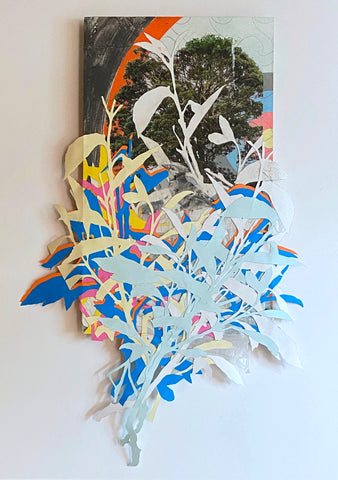 Assembly with Blue Jay and Tree, mixed media acrylic, oil, cut-paper, collage; pencil artwork by Pennsylvania artist Jeremy McGirl