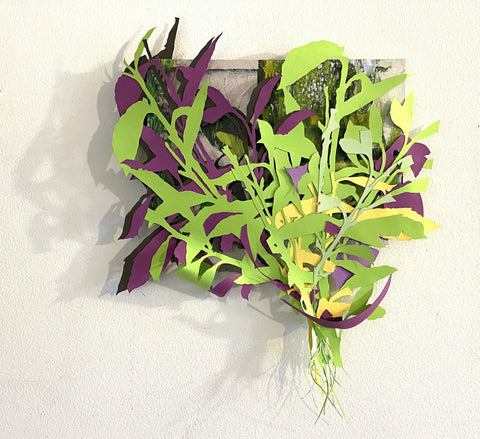 Assembly with Catbird and Fence, mixed media cut-paper, oil and acrylic artwork by Pennsylvania artist Jeremy McGirl