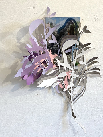 Assembly with Nuthatch, oil, acrylic and cut paper mixed media artwork by Pennsylvania artist Jeremy McGirl