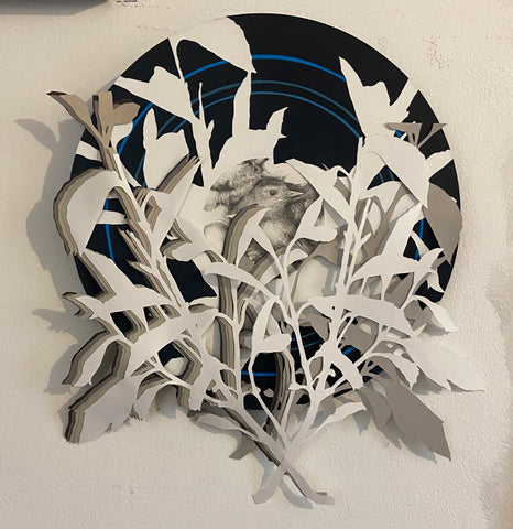 Catbird with Blue Circle, acrylic, cut-paper &amp; pencil mixed media painting by Pennsylvania artist Jeremy McGirl