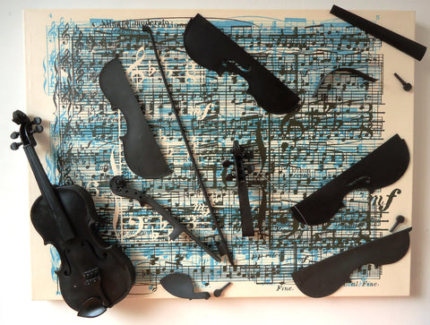 Explosive Music, found object assemblage sculpture by Cerulean Arts Collective member Kathleen McSherry.