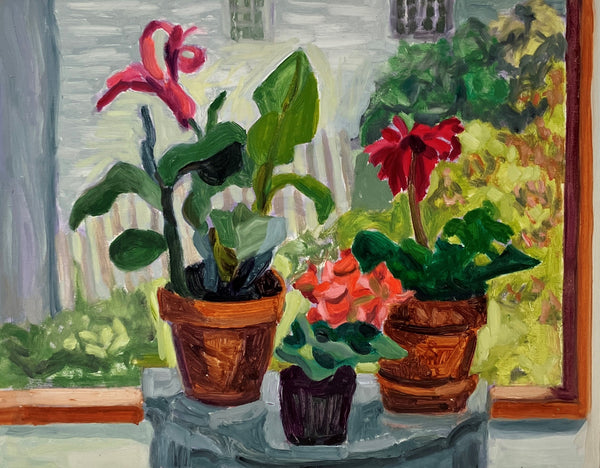 Summer Plants in the Studio Window, oil on masonite panel painting by Peggy Merves. Included in the exhibition Ripples of Impact curated by Cerulean Arts and on view at the Annenberg Center for Medical Education at Lankenau Medical Center May 8 - July 20.