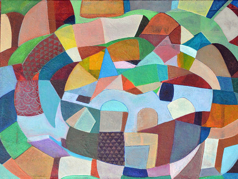 Homage to Vieira da Silva IX, acrylic on rag board painting by Cerulean Arts Collective Member Kyoko Miyabe