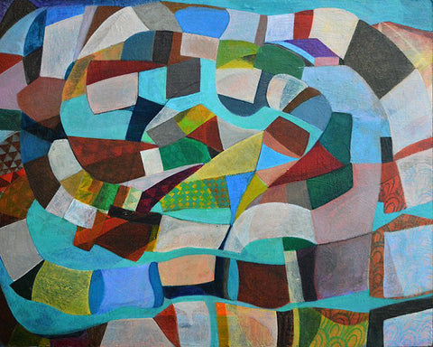 Homage to Vieira da Silva V, acrylic on rag board painting by Cerulean Arts Collective Member Kyoko Miyabe