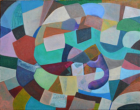 Homage to Vieira da Silva VIII, acrylic on rag board painting by Cerulean Arts Collective Member Kyoko Miyabe