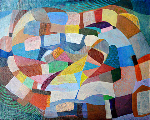 Homage to Vieira da Silva X, acrylic on rag board painting by Cerulean Arts Collective Member Kyoko Miyabe