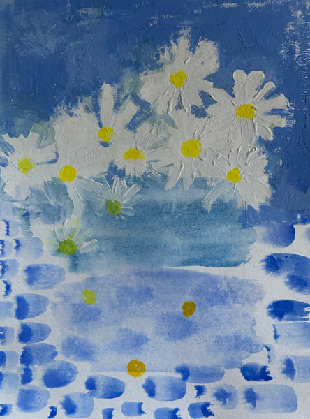 Daisies, watercolor, gouache and pastel on paper painting by Cerulean Arts Collective Member Amanda Moseley.